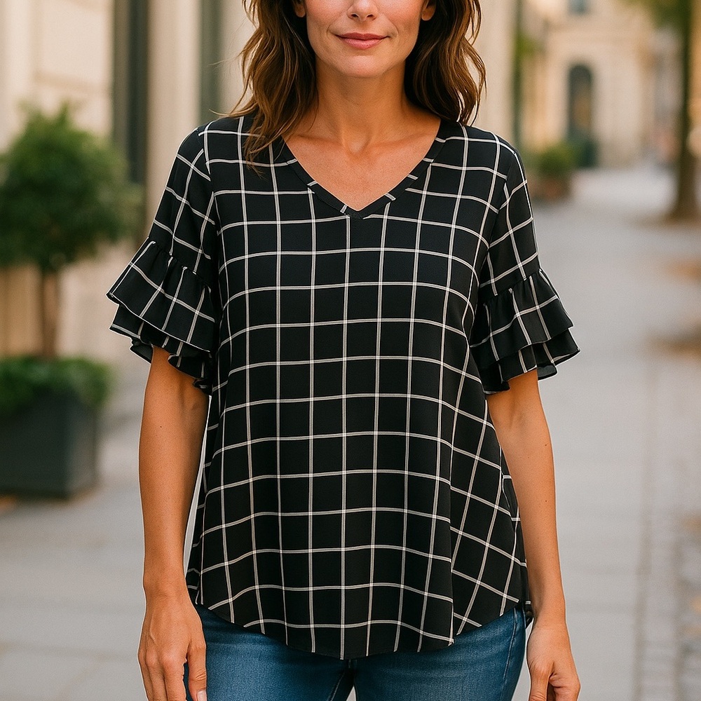 Elegant Black and White Grid Ruffle Sleeve Blouse Size Medium